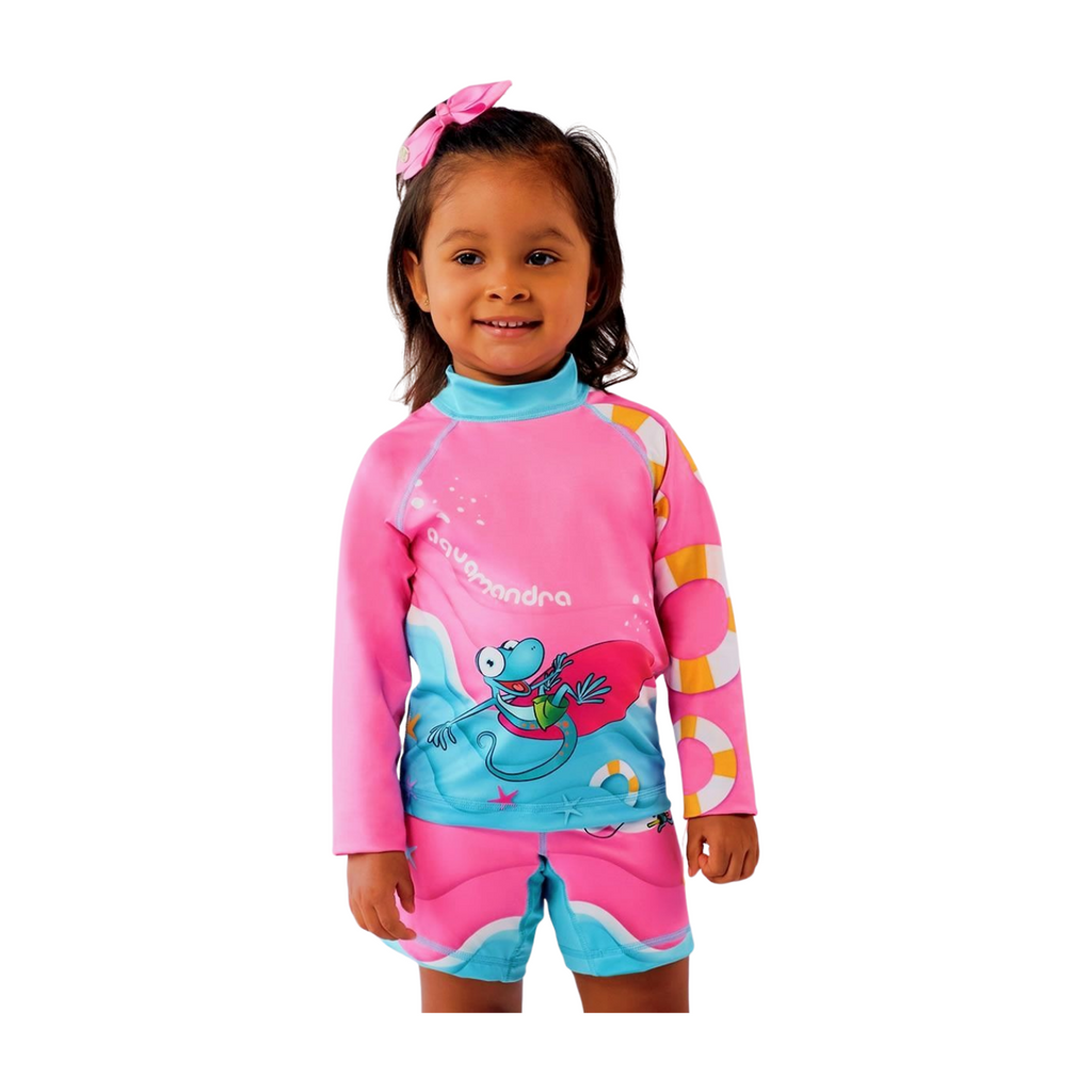 Set Rash Guard y Short Niña con UPF 50+ Aquamandra Surfista Rosado / Aguamarina - AQ100