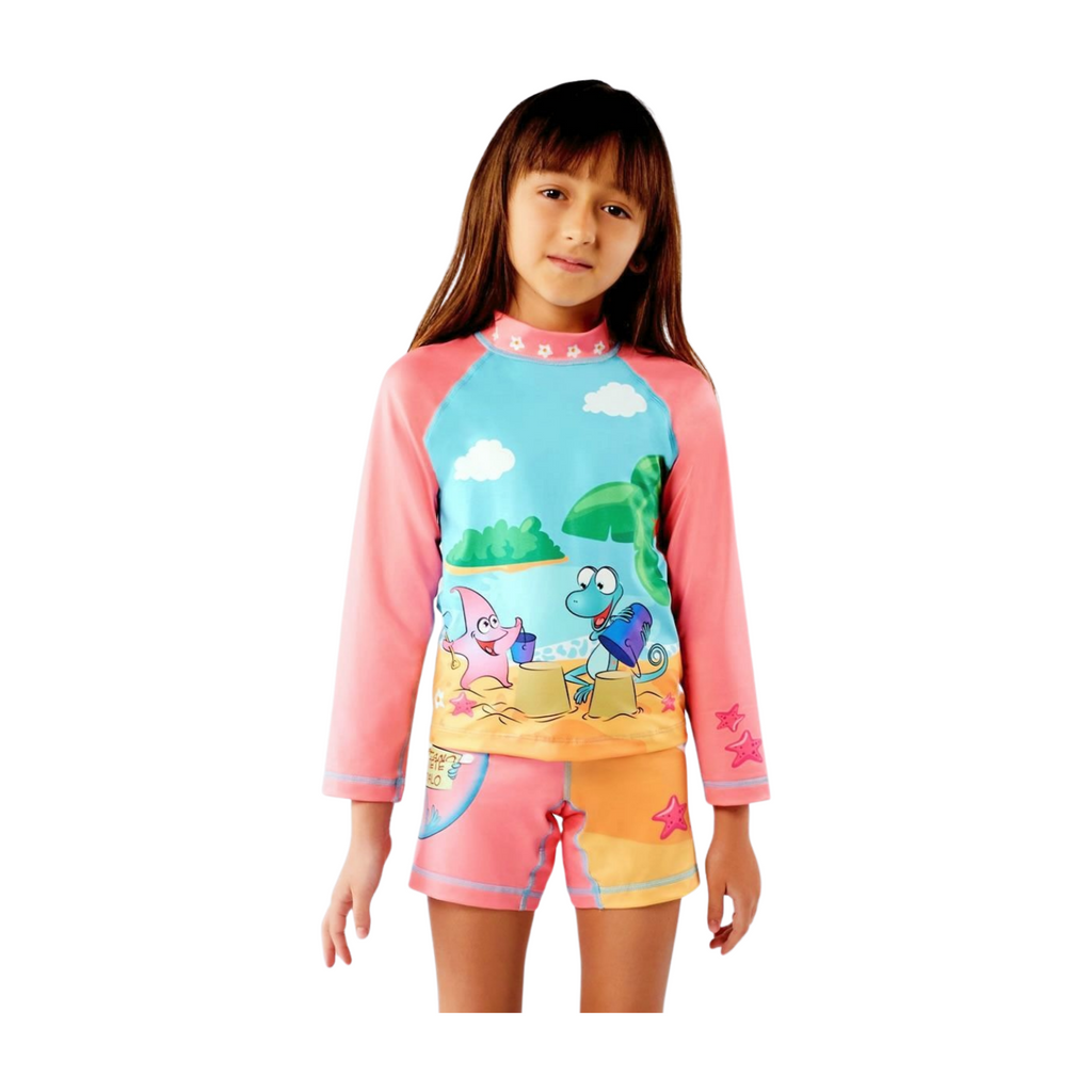 Set Rash Guard y Short Niña con UPF 50+ Aquamandra Castillo de Arena Palo de Rosa / Azul Cielo - AQ101