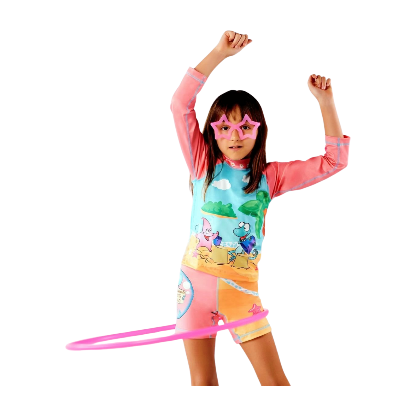 Set Rash Guard y Short Niña con UPF 50+ Aquamandra Castillo de Arena Palo de Rosa / Azul Cielo - AQ101