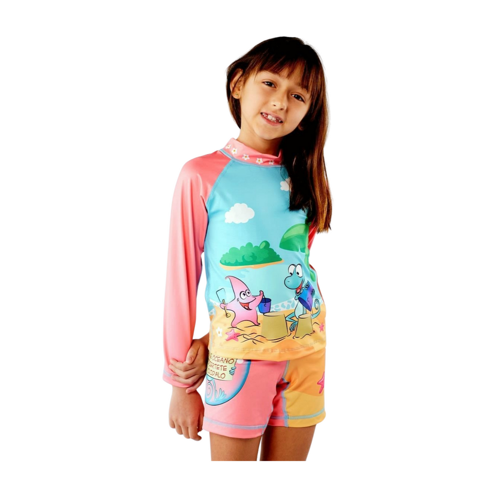 Set Rash Guard y Short Niña con UPF 50+ Aquamandra Castillo de Arena Palo de Rosa / Azul Cielo - AQ101