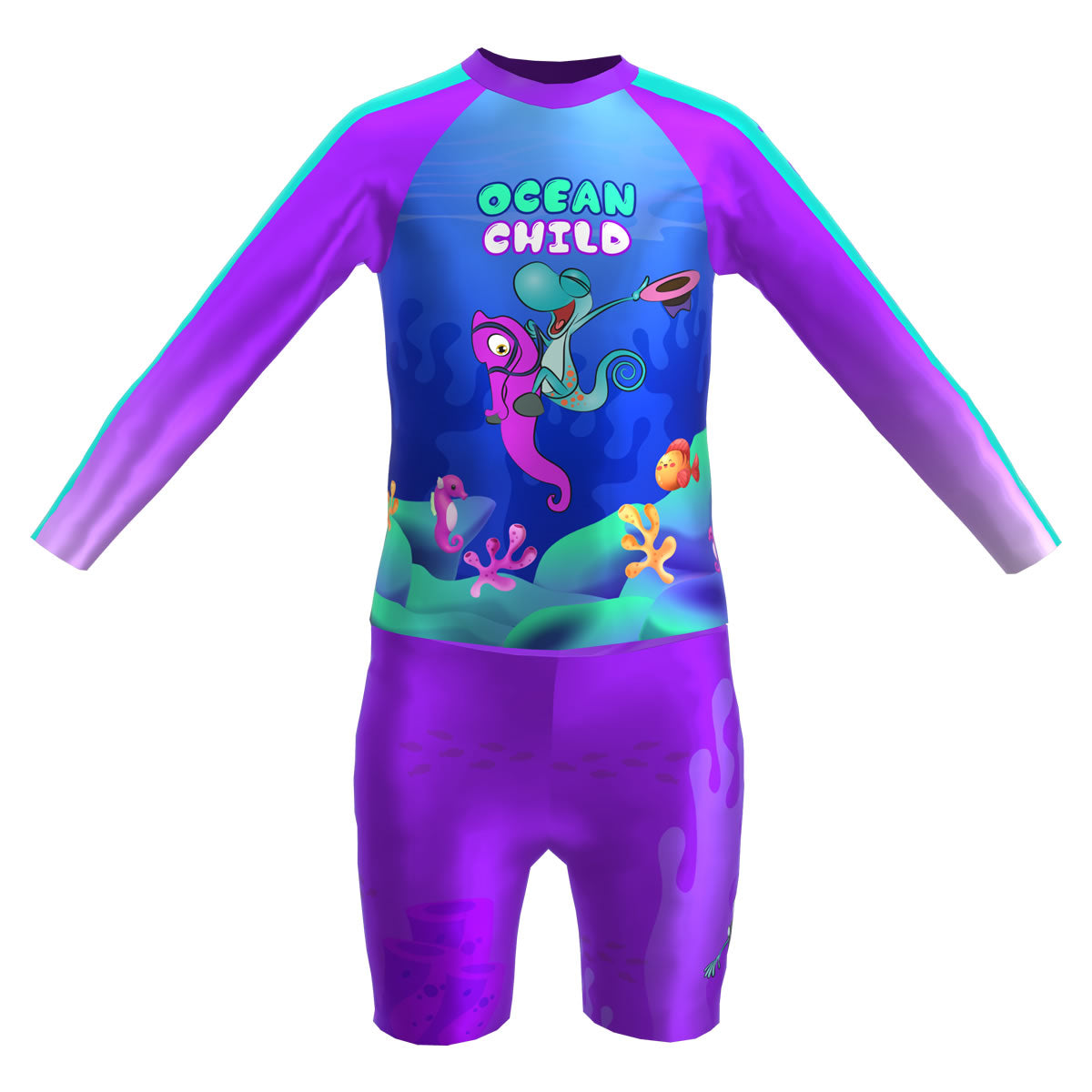 Set Rash Guard y Short Niña con UPF 50+ Aquamandra Caballito de Mar Morado / Turquesa - AQ102