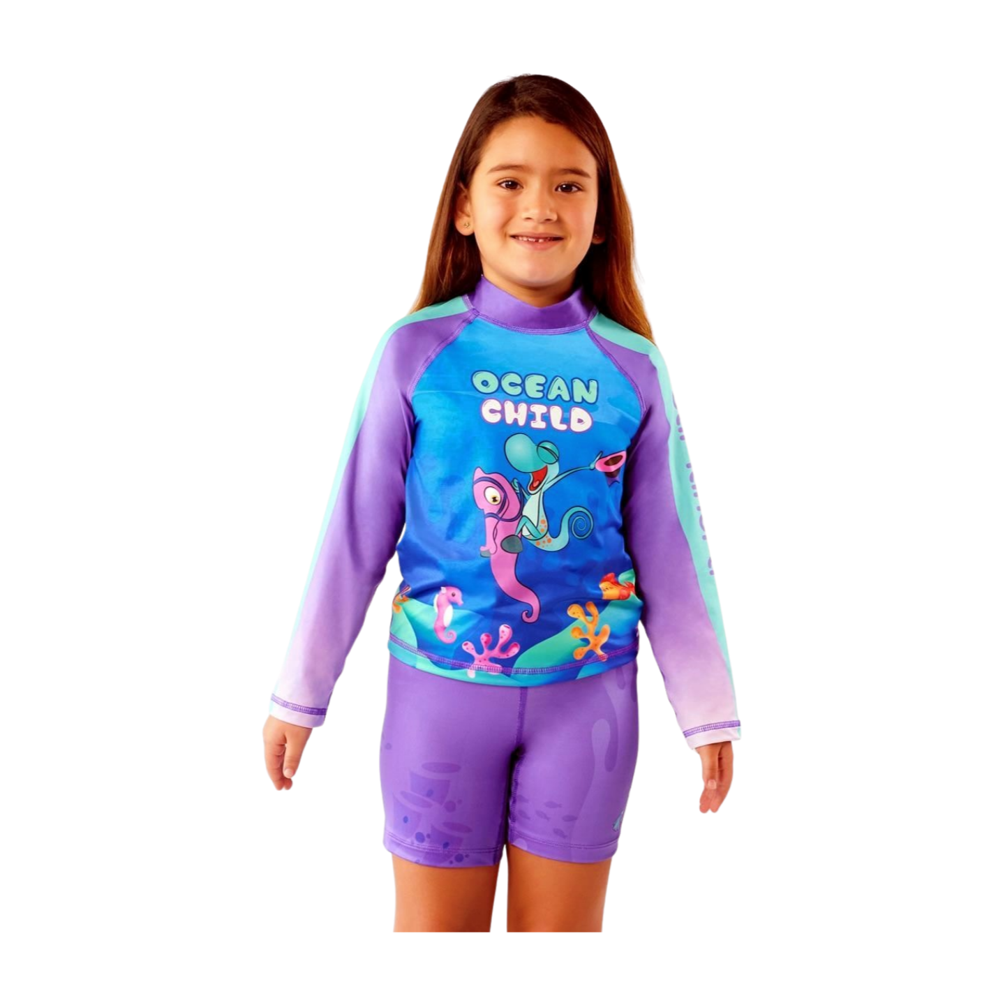 Set Rash Guard y Short Niña con UPF 50+ Aquamandra Caballito de Mar Morado / Turquesa - AQ102 Imagen secundaria del producto