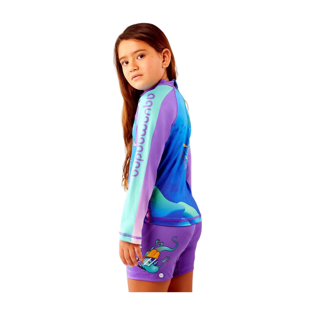 Set Rash Guard y Short Niña con UPF 50+ Aquamandra Caballito de Mar Morado / Turquesa - AQ102
