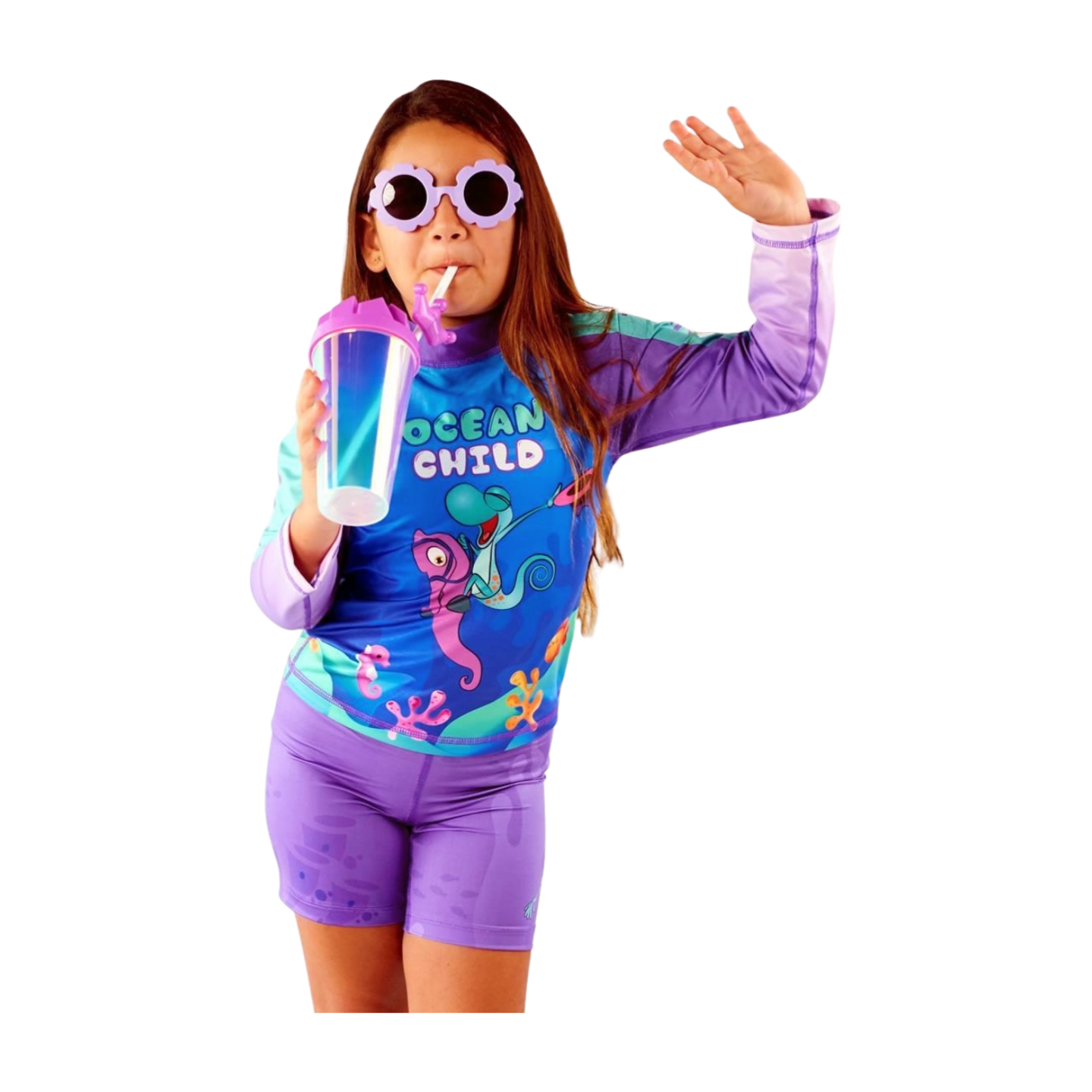 Set Rash Guard y Short Niña con UPF 50+ Aquamandra Caballito de Mar Morado / Turquesa - AQ102