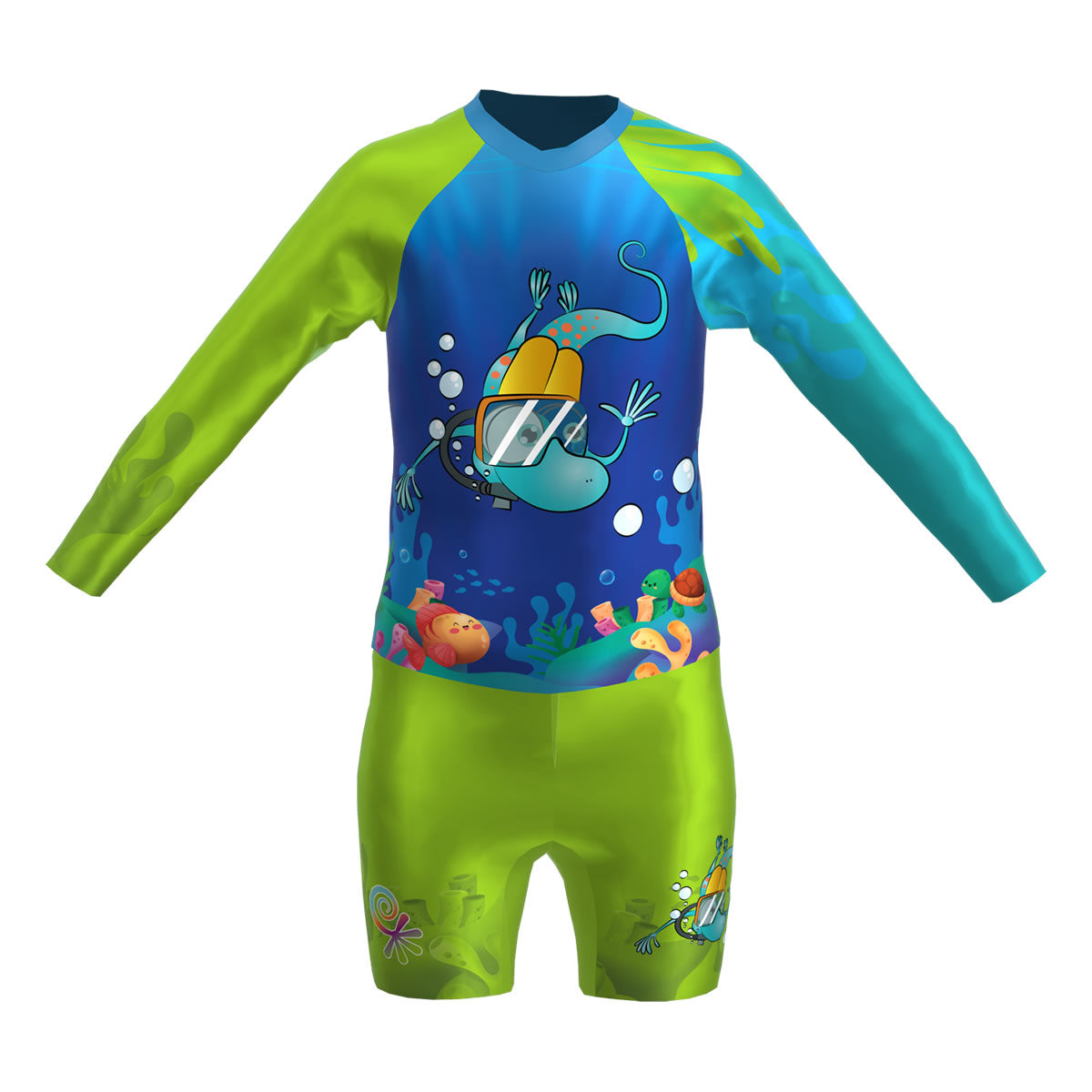 Set Rash Guard y Short Niño con UPF 50+ Aquamandra Buceando Verde / Azul - AQ103 Imagen principal del producto