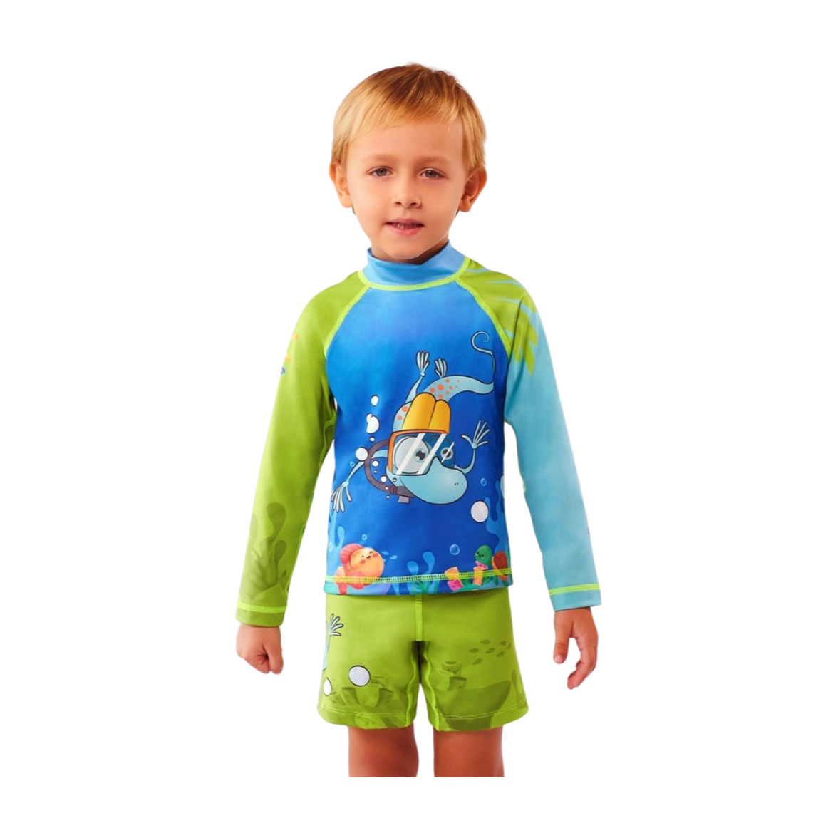 Set Rash Guard y Short Niño con UPF 50+ Aquamandra Buceando Verde / Azul - AQ103 Imagen secundaria del producto