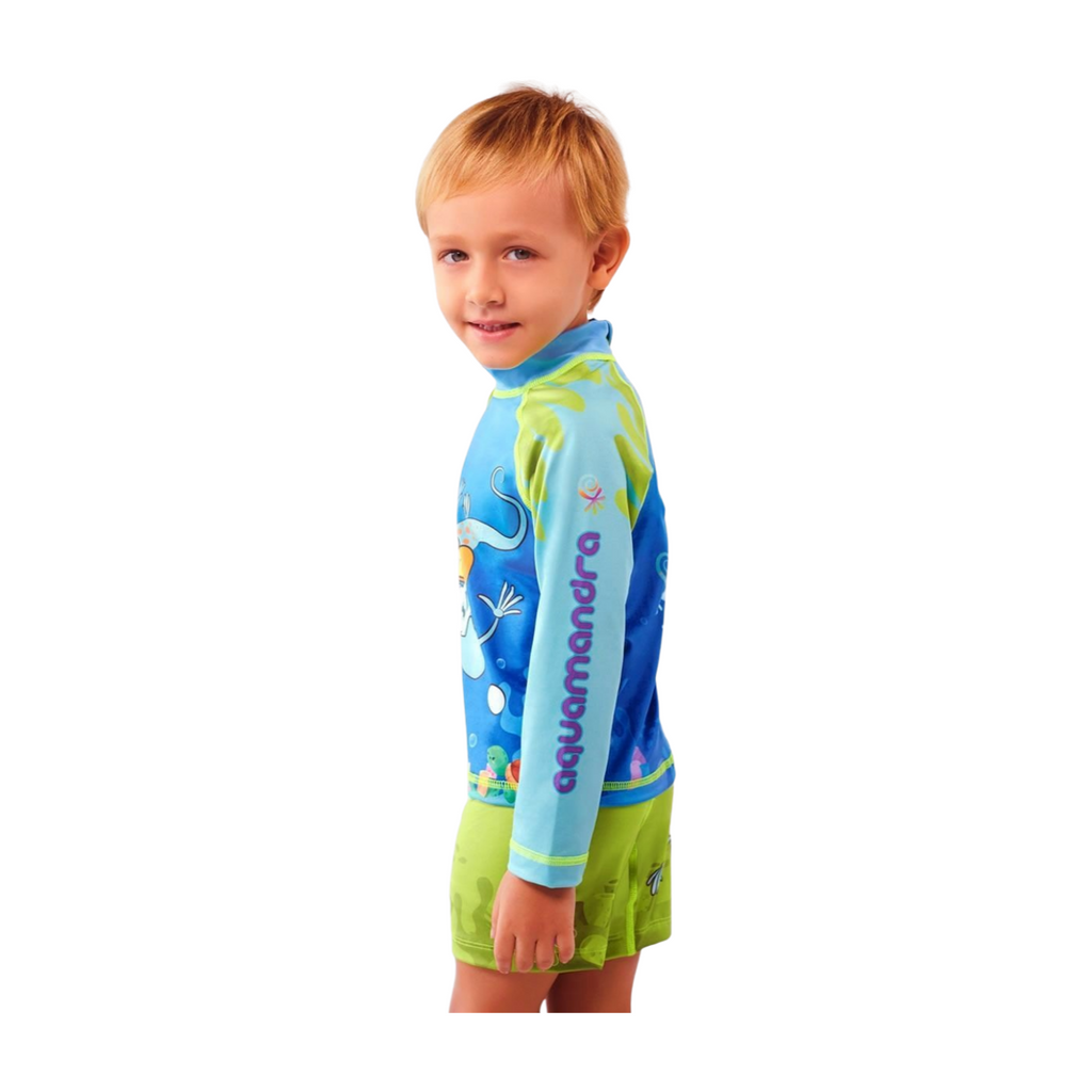 Set Rash Guard y Short Niño con UPF 50+ Aquamandra Buceando Verde / Azul - AQ103