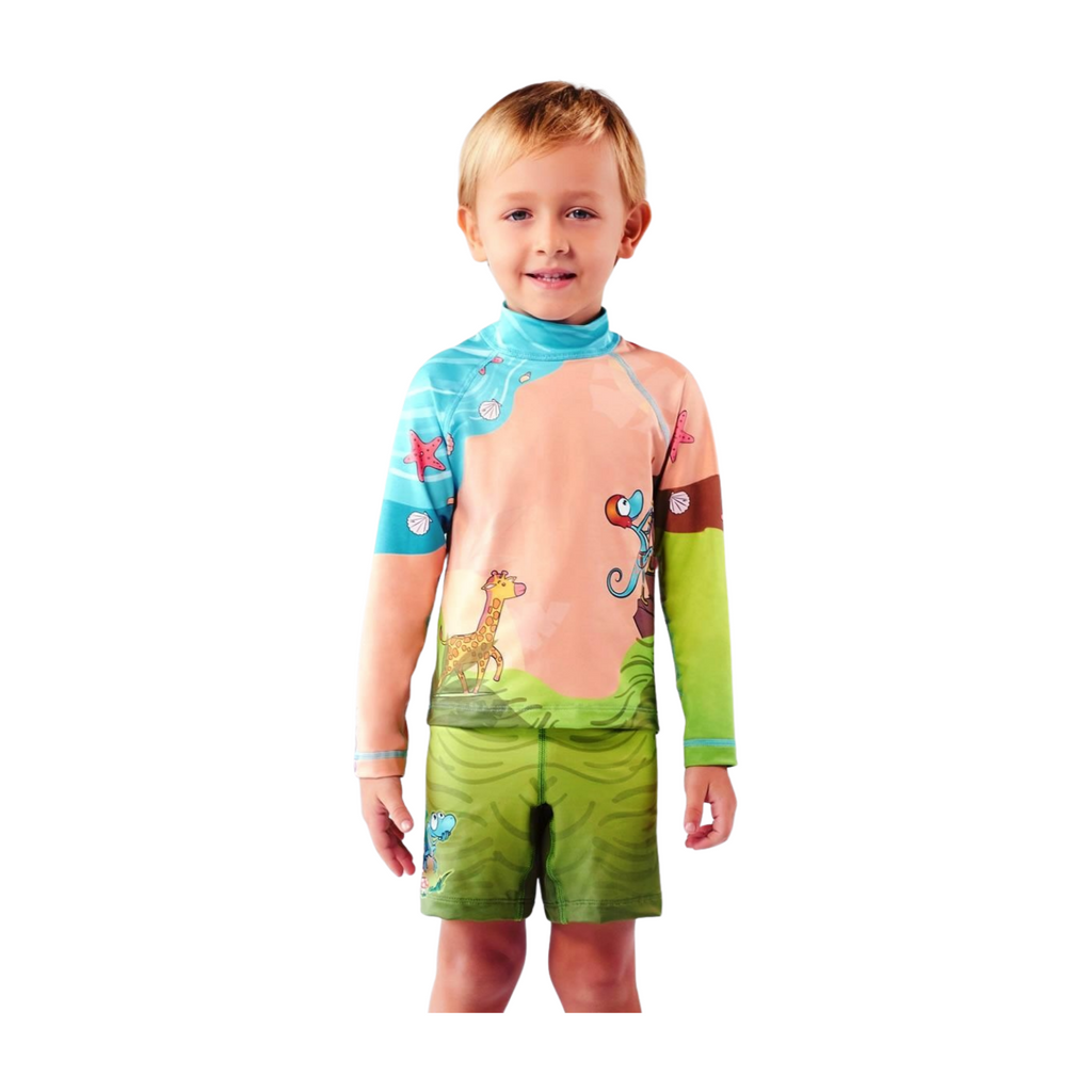 Set Rash Guard y Short Niño con UPF 50+ Aquamandra Escalador Arena / Verde - AQ104