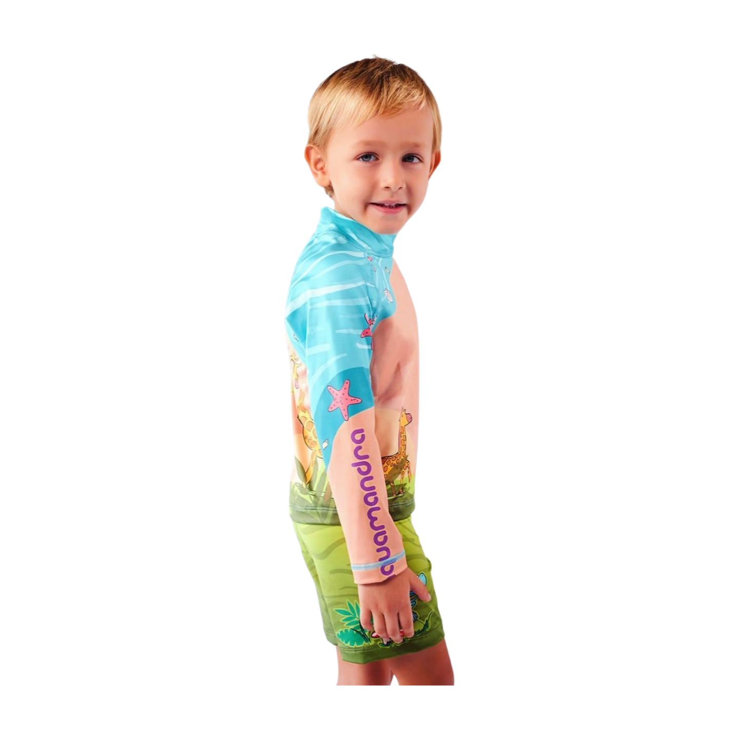 Set Rash Guard y Short Niño con UPF 50+ Aquamandra Escalador Arena / Verde - AQ104