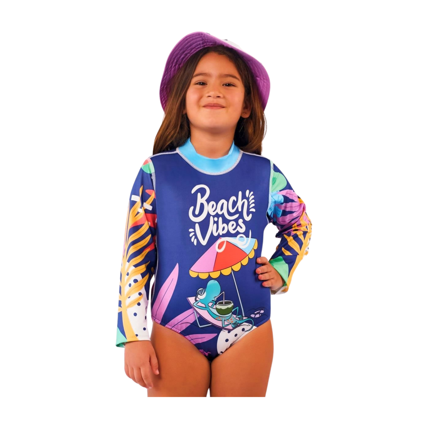 Traje de Baño Enterizo Niña con UPF 50+ Aquamandra Sombrilla Morado / Turquesa - AQ500