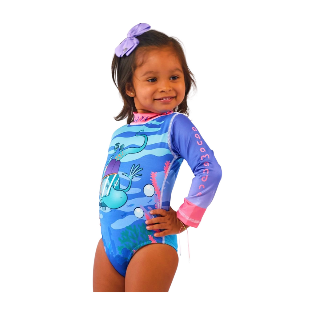Traje de Baño Enterizo Niña con UPF 50+ Aquamandra Buceando Lila / Rosa - AQ501
