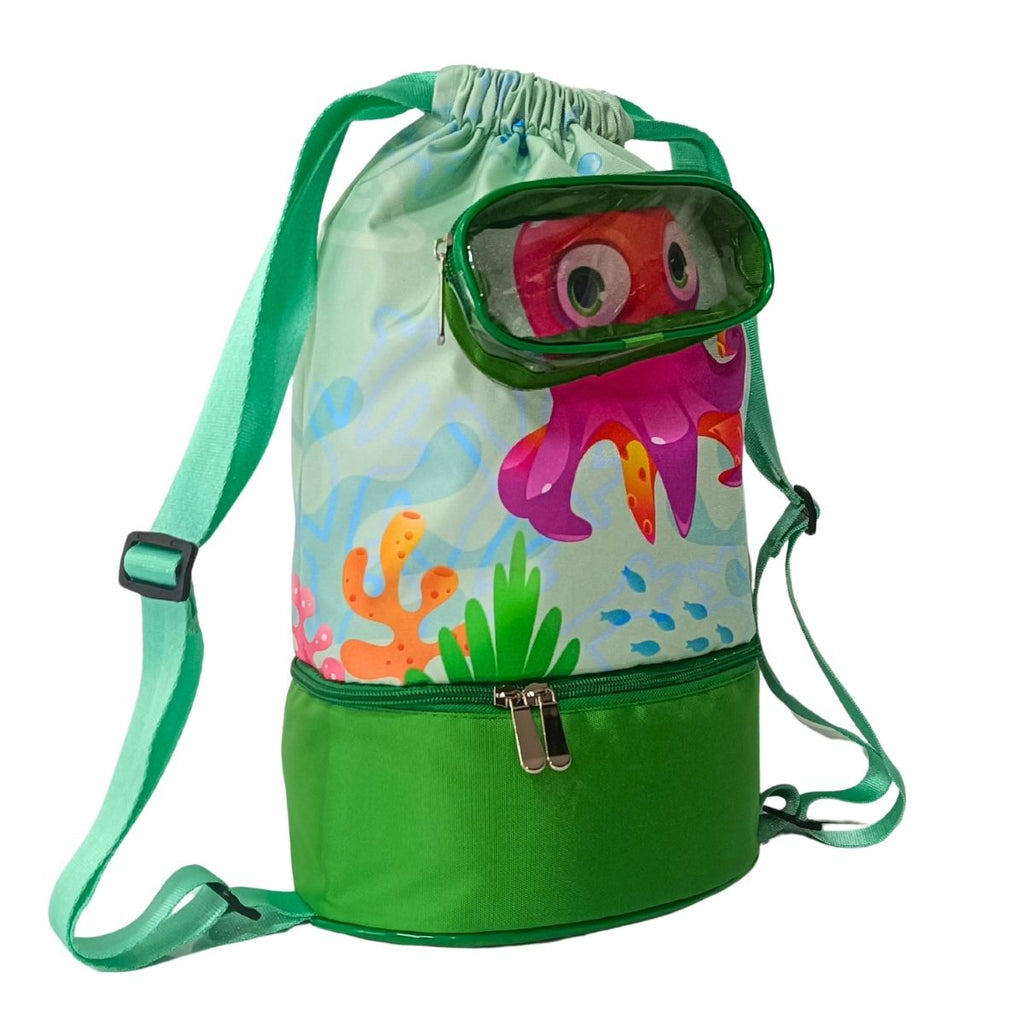 Morral de Playa, Piscina y Deportivo Multiuso Infantil 3 Compartimientos Resistente al Agua - AQM-302 Verde