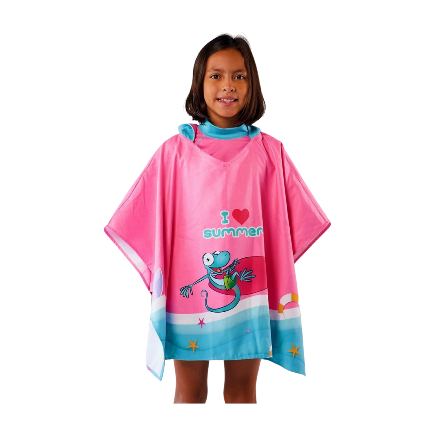 Toalla tipo Poncho Cuadrado Niña con UPF 50+ Aquamandra Surfista Rosado / Aguamarina - AQP100 Imagen secundaria del producto
