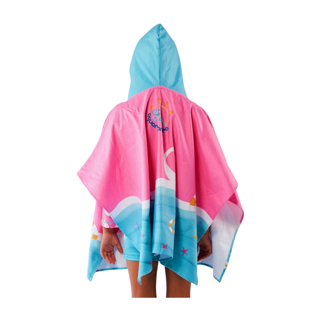 Toalla tipo Poncho Cuadrado Niña con UPF 50+ Aquamandra Surfista Rosado / Aguamarina - AQP100