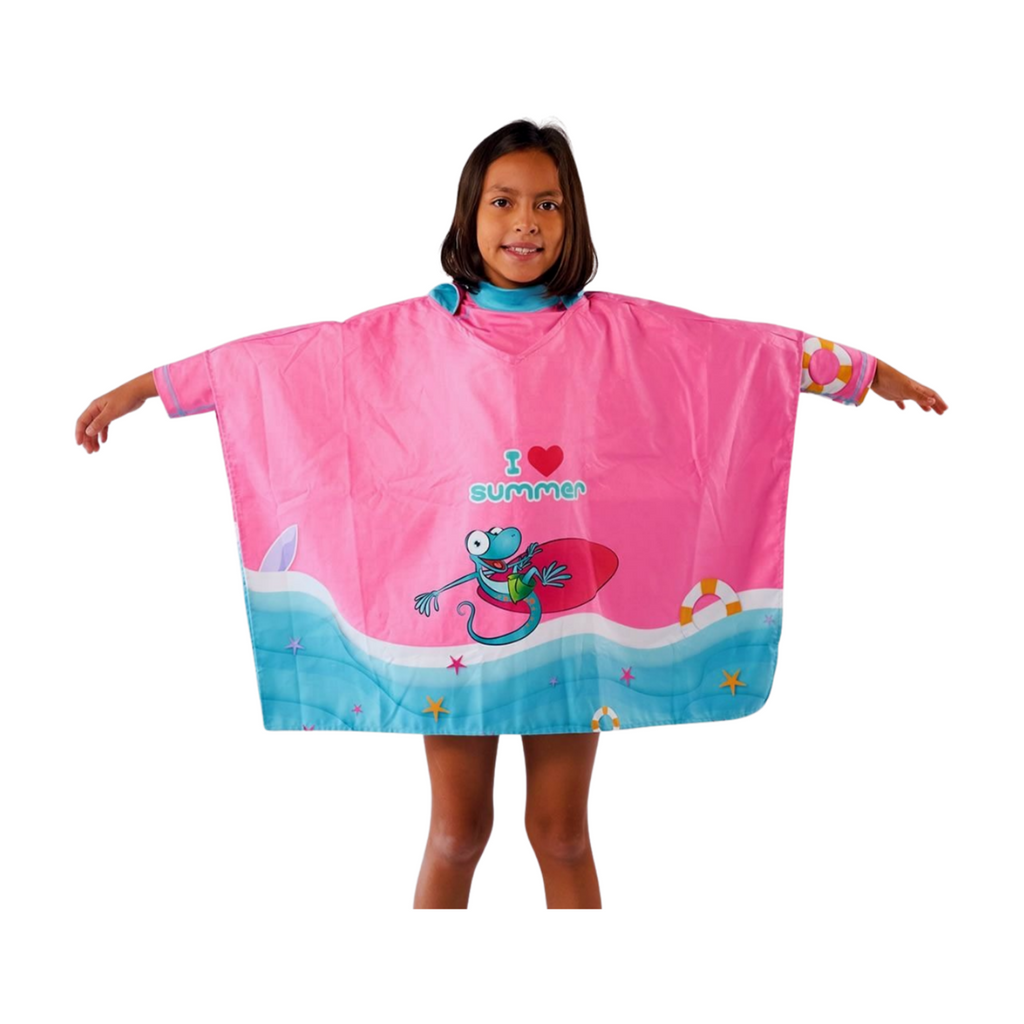 Toalla tipo Poncho Cuadrado Niña con UPF 50+ Aquamandra Surfista Rosado / Aguamarina - AQP100