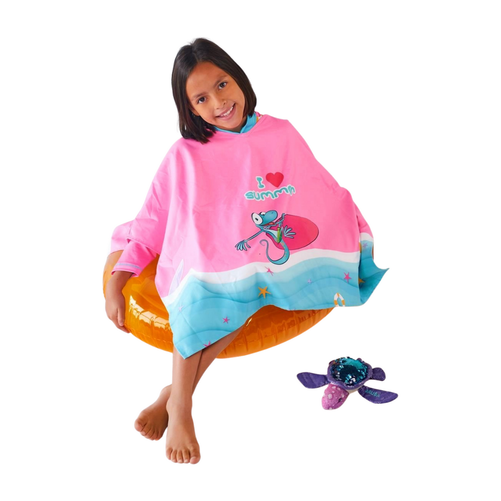 Toalla tipo Poncho Cuadrado Niña con UPF 50+ Aquamandra Surfista Rosado / Aguamarina - AQP100