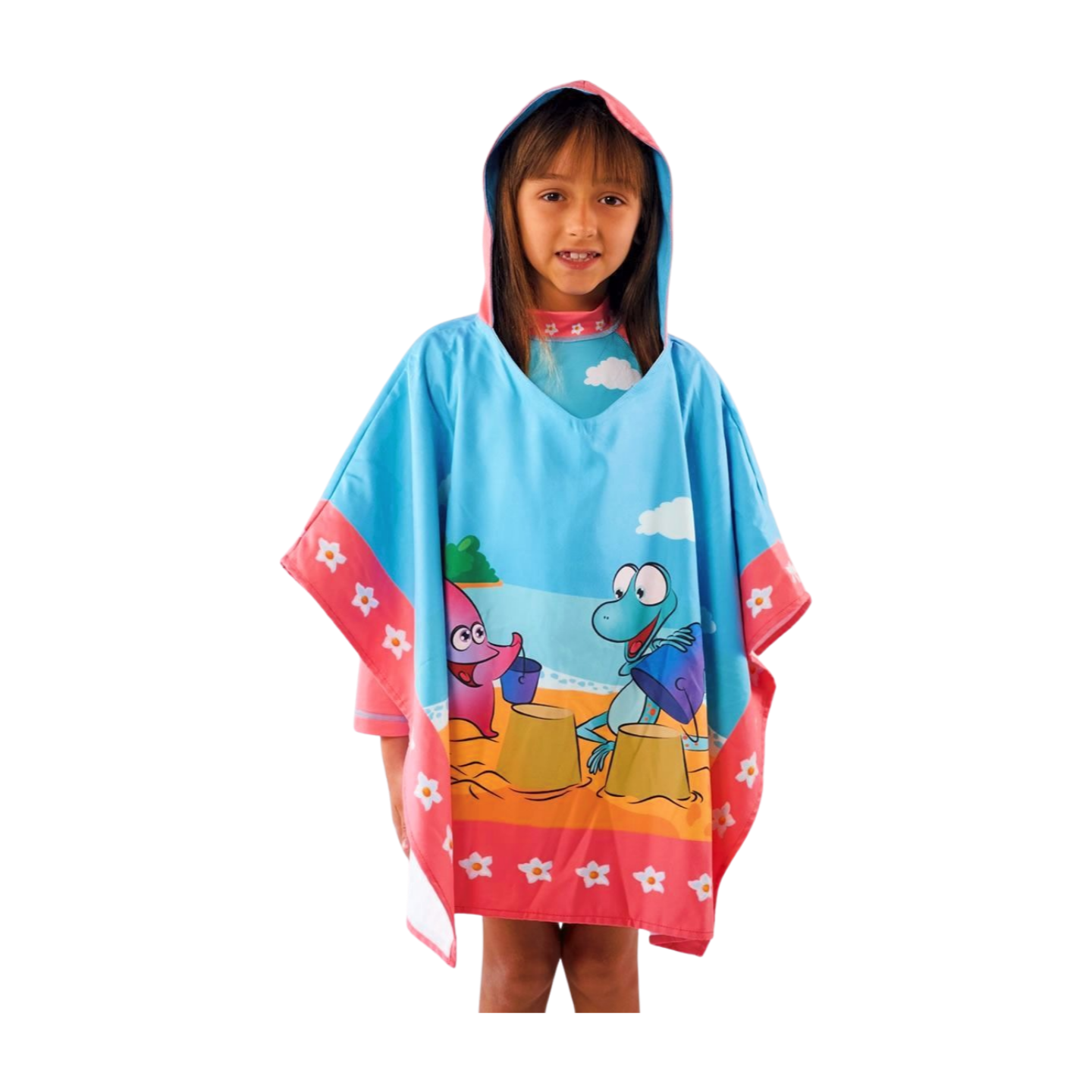 Toalla tipo Poncho Cuadrado Niña con UPF 50+ Aquamandra Castillo de Arena Palo de Rosa / Azul Cielo - AQP101 Imagen secundaria del producto