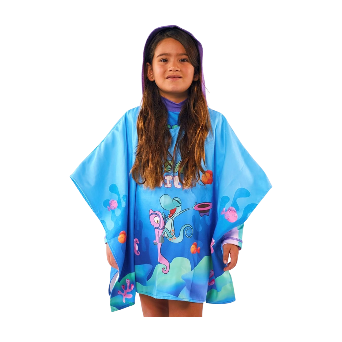 Toalla tipo Poncho Cuadrado Niña con UPF 50+ Aquamandra Caballito de Mar Morado / Turquesa - AQP102 Imagen secundaria del producto