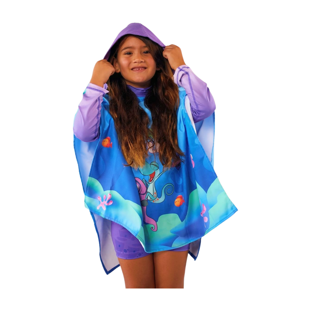 Toalla Poncho Cuadrada Niña Caballito de Mar – Morado/Turquesa
