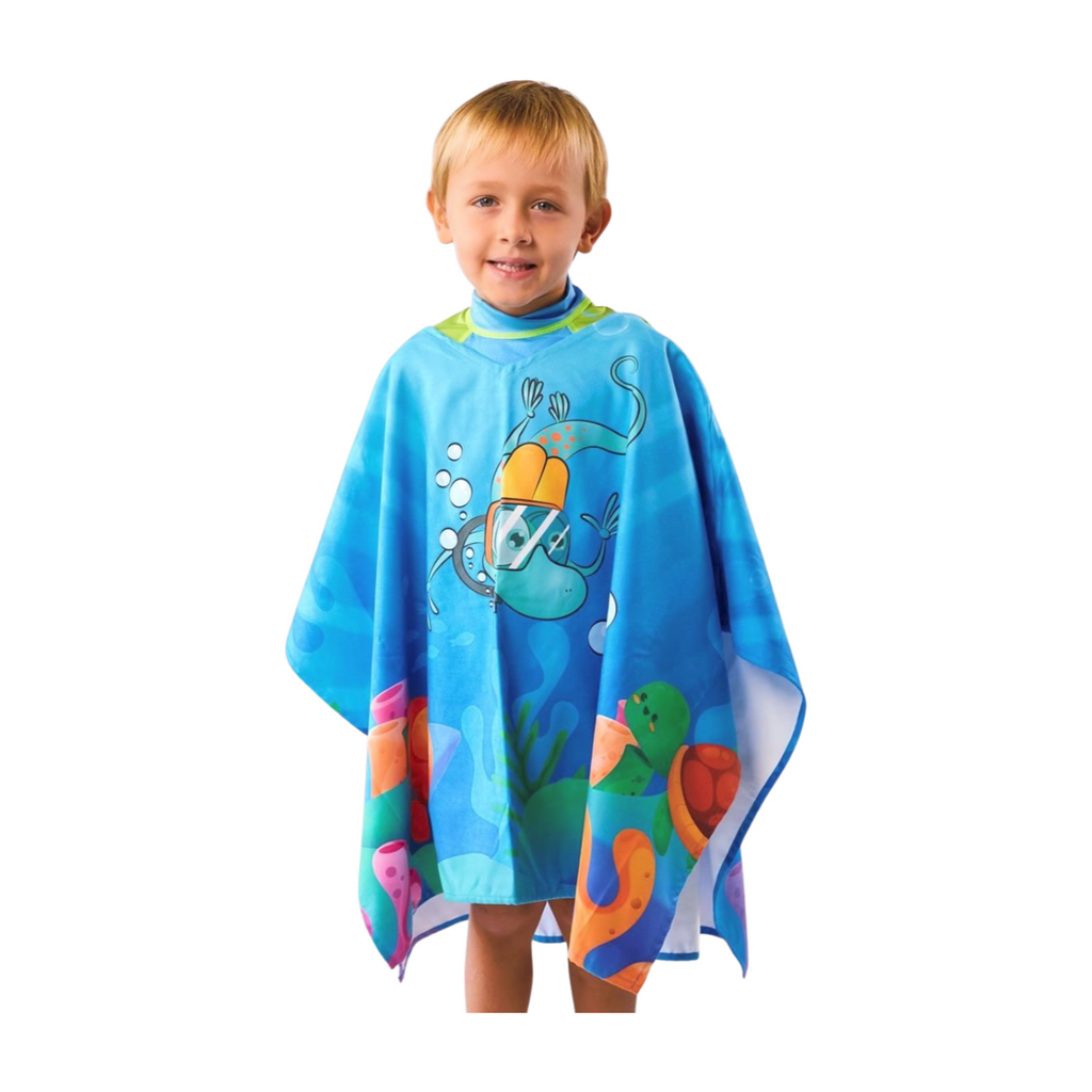 Toalla tipo Poncho Cuadrado Niño con UPF 50+ Aquamandra Buceando Azúl - AQP103