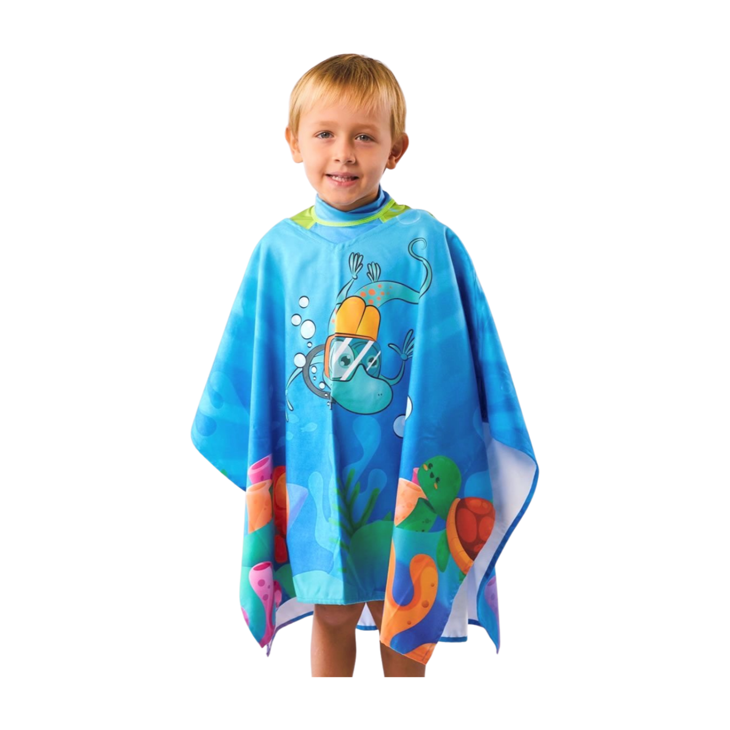 Toalla tipo Poncho Cuadrado Niño con UPF 50+ Aquamandra Buceando Azúl - AQP103
