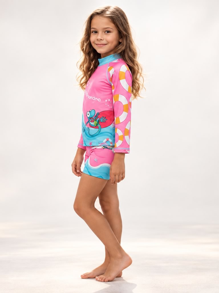 Set Rash Guard Niña Surfista – Rosado/Aguamarina