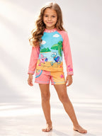 Set Rash Guard Niña Castillo de Arena – Palo de Rosa/Azul Cielo