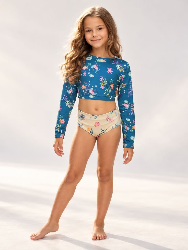Set Rash Guard Niña estampado tortugas verde jade / arena con panty doble faz Imagen principal del producto