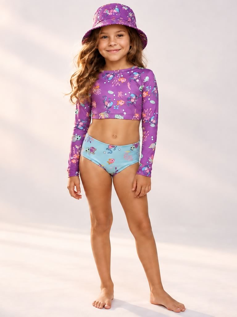 Set Rash Guard Niña estampado tortugas mora / azul con panty doble faz
